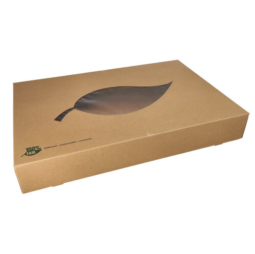 10 Transport- und Catering-Kartons, Pappe "pure" 8 cm x 55,7 cm x 37,6 cm braun "100% Fair" mit Sichtfenster aus PLA 400 Transport- und Catering-Kartons, Pappe "pure" 8 cm x 55,7 cm x 37,6 cm braun "100% Fair" mit Sichtfenster aus PLA