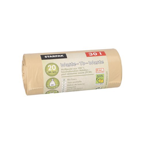 30000 Müllbeutel mit Tragegriffen aus 100% PCW "Waste-To-Waste" 30 l 64,5 cm x 54 cm beige