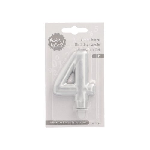 1 Zahlenkerze mit Halter 7 cm silber "4" 4320 Zahlenkerze mit Halter 7 cm silber "4"