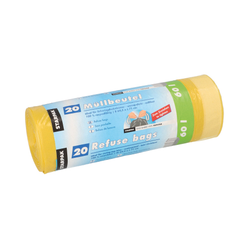 20 Müllsäcke mit Zugband, HDPE 60 l 71 cm x 64,5 cm gelb 13500 Müllsäcke mit Zugband, HDPE 60 l 71 cm x 64,5 cm gelb