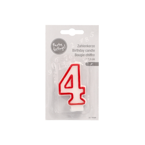 4320 Zahlenkerze 7,3 cm weiss "4" mit rotem Rand