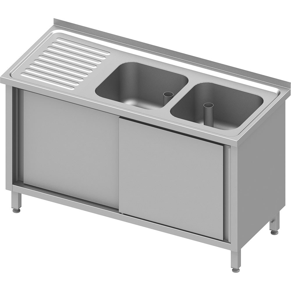 Spülschrank mit Schiebetüren 1400x700x850 mm, mit zwei Becken rechts, mit Aufkantung, verschweißt