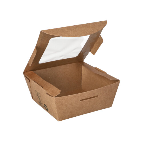 7680 Feinkostboxen, Pappe mit Sichtfenster aus PLA "pure" eckig 350 ml 4,5 cm x 9 cm x 9 cm braun "100% Fair"
