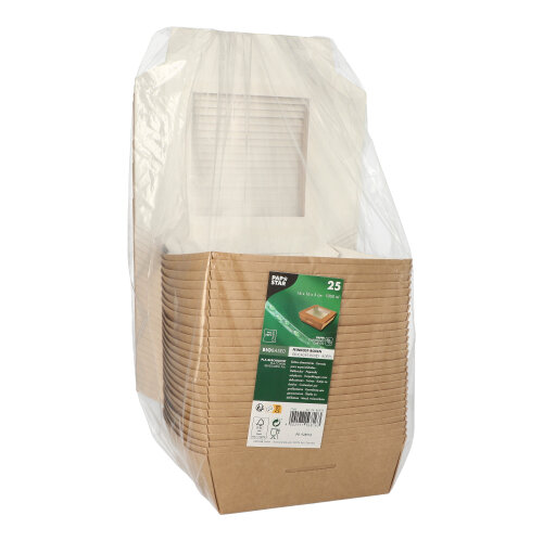 1800 Feinkostboxen, Pappe mit Sichtfenster aus PLA eckig 1000 ml 16 cm x 16 cm x 5 cm braun