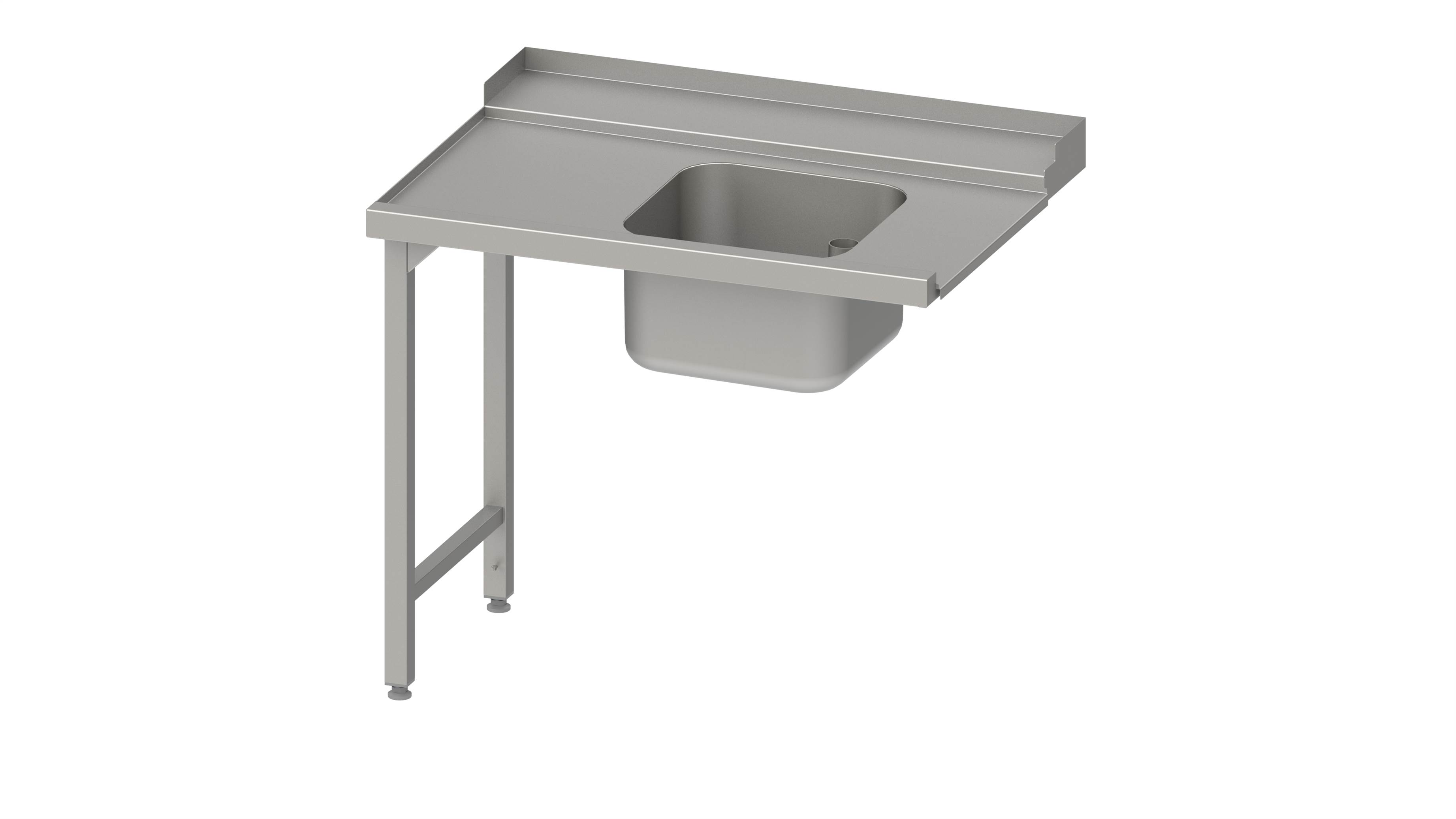 Zulauftisch, Korbführung mit Gefälle, auf zwei Beinen mit einem Becken 1800x750x880 mm, Anbauseite links, mit Aufkantung, verschweißt