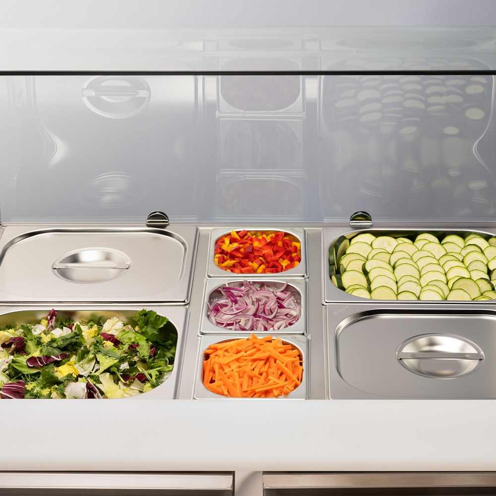 Saladette mit Glasaufsatz, 2-türig, GN 1/1, Aufnahme 10x GN1/4, 900x705x1300 mm (BxTxH), ohne Aufkantung