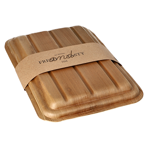 10 Trays, Palmblatt "pure" eckig 500 ml 6,5 cm x 17,5 cm x 25,5 cm mit Deckel und Banderole 800 Trays, Palmblatt "pure" eckig 500 ml 6,5 cm x 17,5 cm x 25,5 cm mit Deckel und Banderole