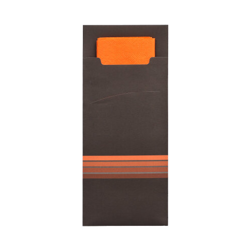 15600 Bestecktaschen 20 cm x 8,5 cm schwarz/orange "Stripes" inkl. farbiger Serviette 33 x 33 cm 2-lag.