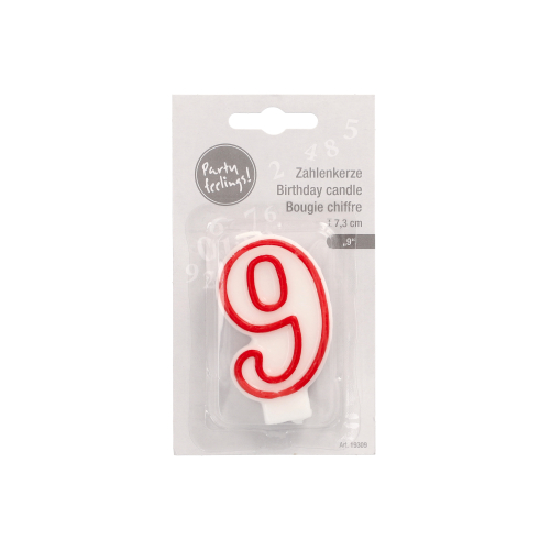 4320 Zahlenkerze 7,3 cm weiss "9" mit rotem Rand