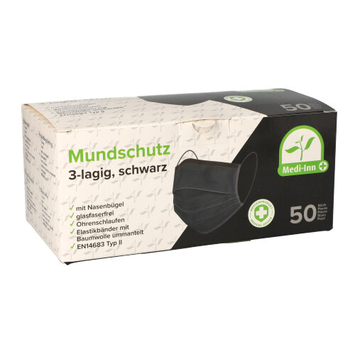 Medi-Inn® Mundschutz Type II 3-lagig 9 cm x 17,5 cm schwarz mit Nasenbügel Medi-Inn® Mundschutz Type II 3-lagig 9 cm x 17,5 cm schwarz mit Nasenbügel