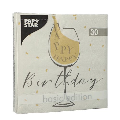 25920 Servietten, 3-lagig 1/4-Falz 33 cm x 33 cm hellgrau "Happy Birthday"