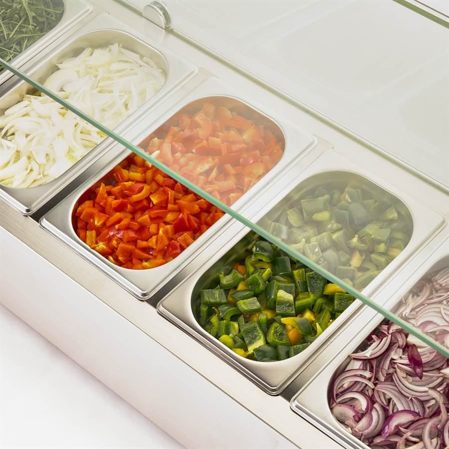 Starline Pizzakühlaufsatz mit Glasabdeckung, 5x GN1/4 Pizzakühlaufsatz, 7x GN 1/4, Edelstahl 1500x335x440 mm (BxTxH)