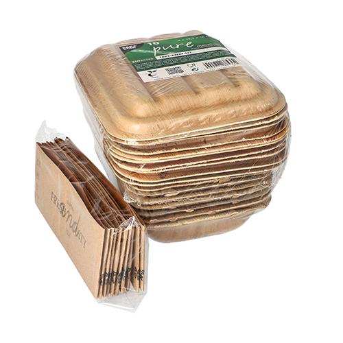 10 Trays, Palmblatt "pure" eckig 300 ml 5,5 cm x 13,5 cm x 17,5 cm mit Deckel und Banderole 1050 Trays, Palmblatt "pure" eckig 300 ml 5,5 cm x 13,5 cm x 17,5 cm mit Deckel und Banderole
