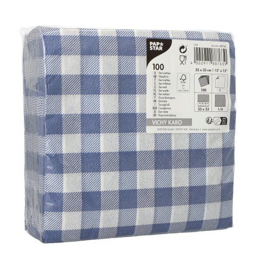 42000 Servietten, 1-lagig 1/4-Falz 33 cm x 33 cm blau/weiss "Vichy Karo"