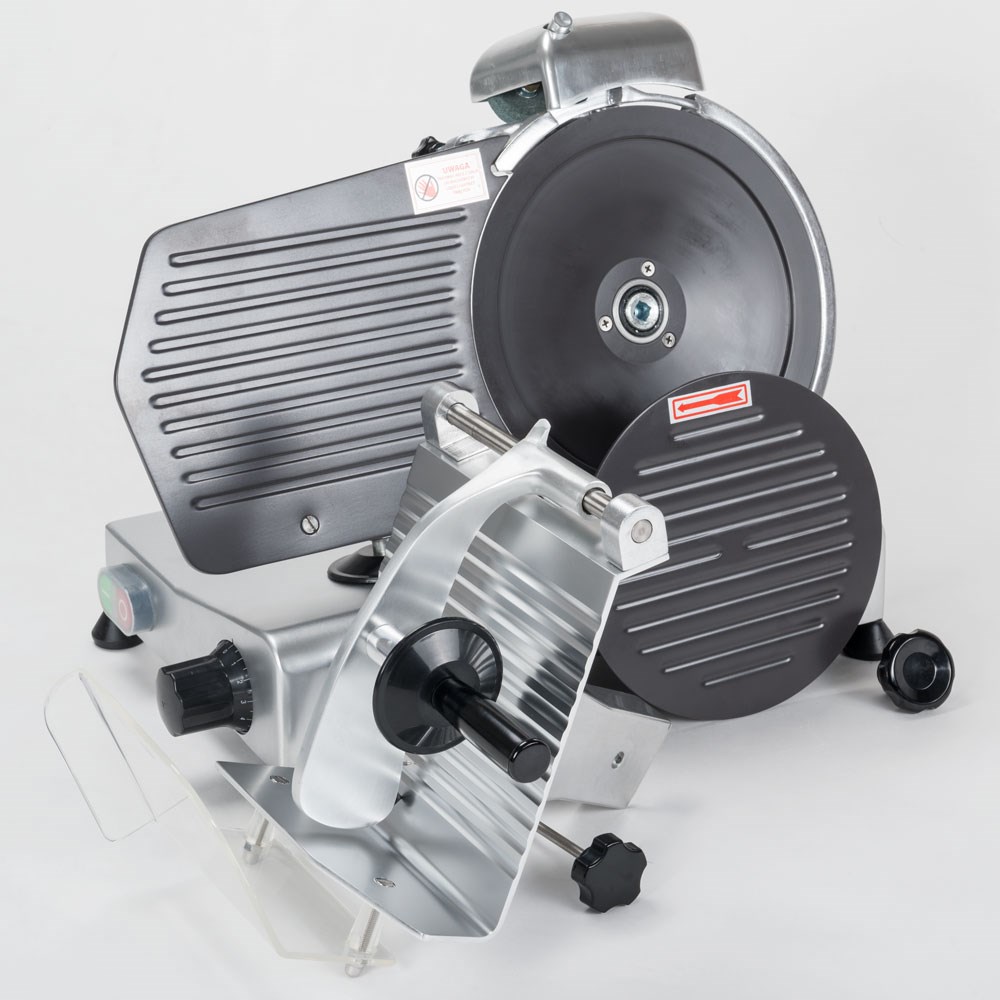 Aufschnittmaschine mit antihaftbeschichteter Anschlagplatte und Messer 220 mm Ø Aufschnittmaschine mit antihaftbeschichteter Anschlagplatte und Messer 220 mm Ø