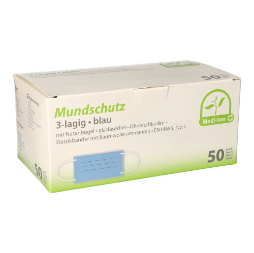 Medi-Inn® Mundschutz Type II 3-lagig 9 cm x 17,5 cm blau mit Nasenbügel Medi-Inn® Mundschutz Type II 3-lagig 9 cm x 17,5 cm blau mit Nasenbügel