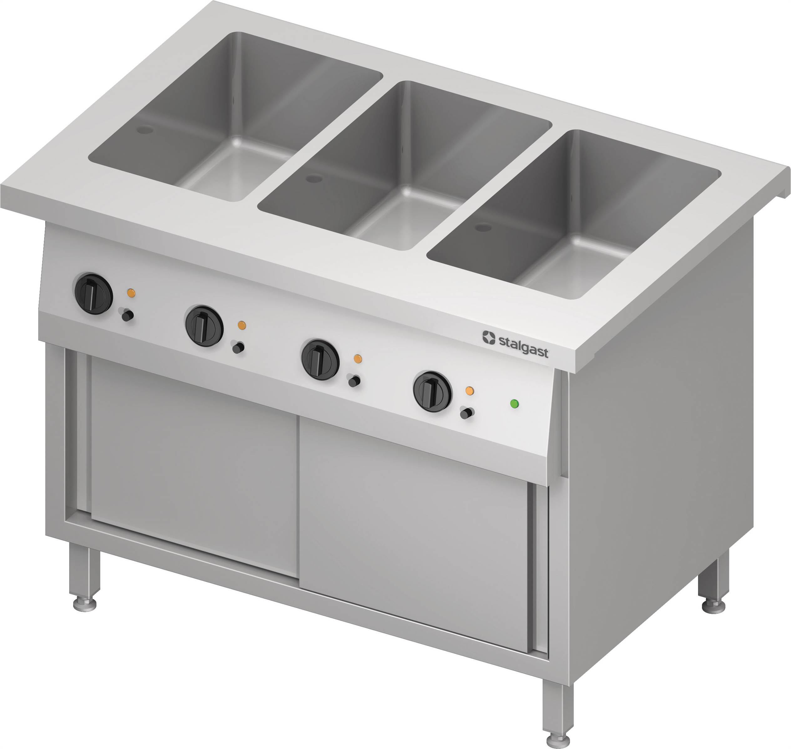Bain-Marie-Station "Free Flow" 3x GN1/1-Becken, mit Wärmeschrank und Schiebetüren, 1132x750x880 mm Edelstahlabdeckung Bain-Marie-Station "Free Flow" 3x GN1/1-Becken, mit Wärmeschrank und Schiebetüren, 1132x735x880 mm Granitabdeckung "Standard G1"
