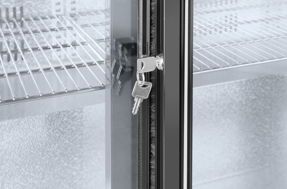 Backbar-Kühlschrank mit doppelten Schiebetüren, Arktic, 197L, Schwarz, 220-240V/160W, 900x520x(H)865mm Backbar-Kühlschrank mit doppelten Schiebetüren, Arktic, 197L, Schwarz, 220-240V/160W, 900x520x(H)865mm