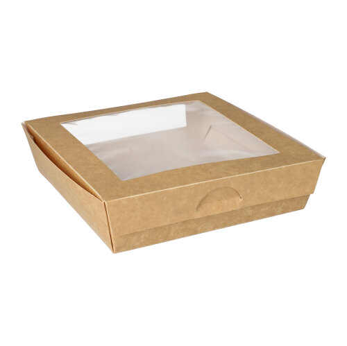 25 Feinkostboxen, Pappe mit Sichtfenster aus PLA eckig 1500 ml 19 cm x 19 cm x 5 cm braun 1400 Feinkostboxen, Pappe mit Sichtfenster aus PLA eckig 1500 ml 19 cm x 19 cm x 5 cm braun