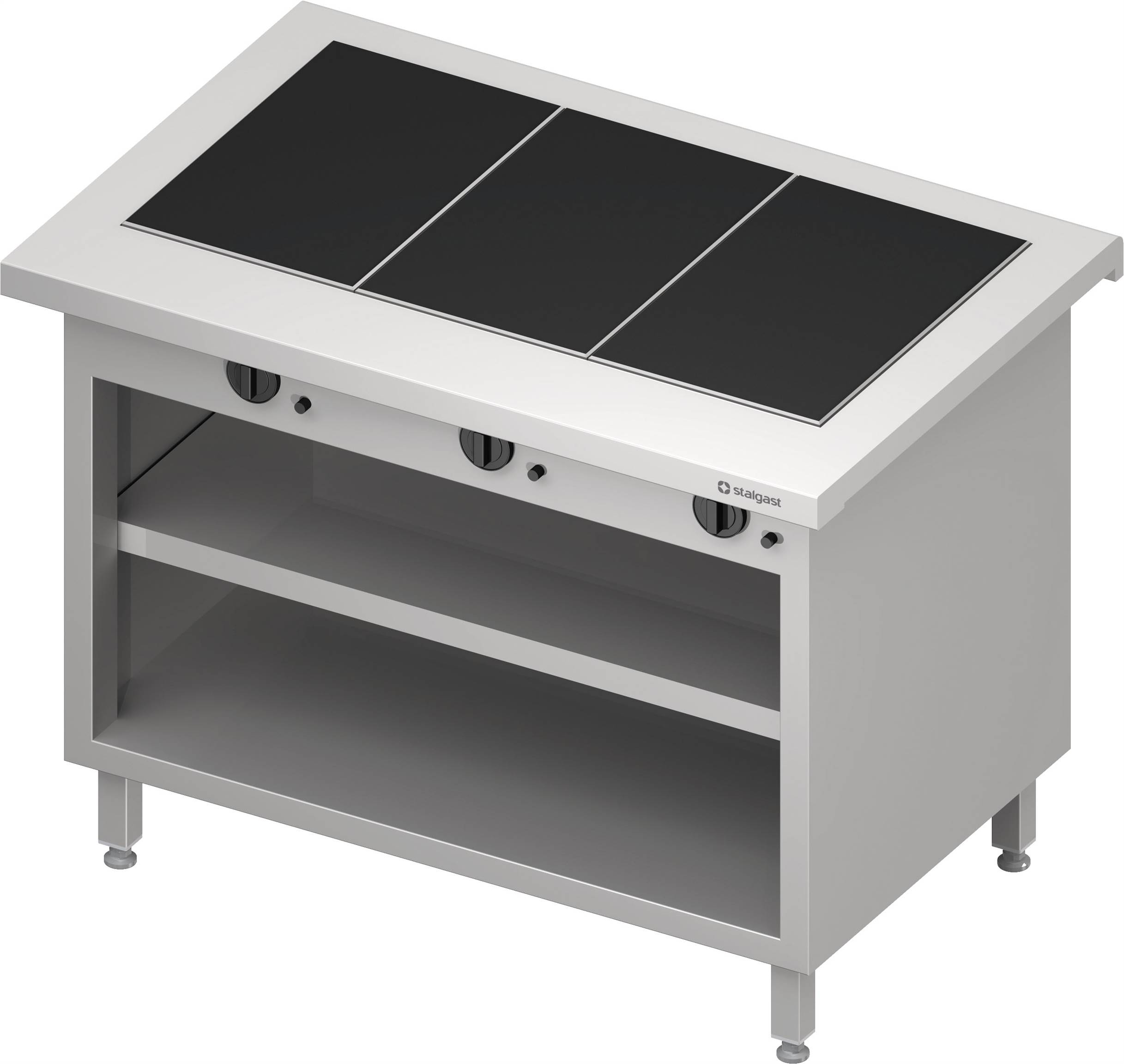 Warmausgabe "Free Flow" mit 3 Wärmeplatten aus Glaskeramik und offenem Unterschrank 1132x735x880 mm Granitabdeckung "Standard G1"