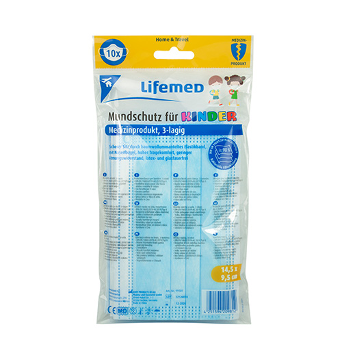 Lifemed Kinder-Mundschutz 3-lagig 9,5 cm x 14,5 cm farbig sortiert mit Nasenbügel
