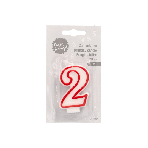 4320 Zahlenkerze 7,3 cm weiss "2" mit rotem Rand