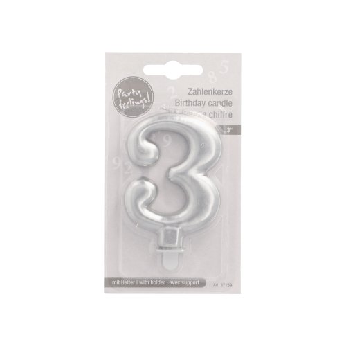 1 Zahlenkerze mit Halter 7 cm silber "3" 4320 Zahlenkerze mit Halter 7 cm silber "3"
