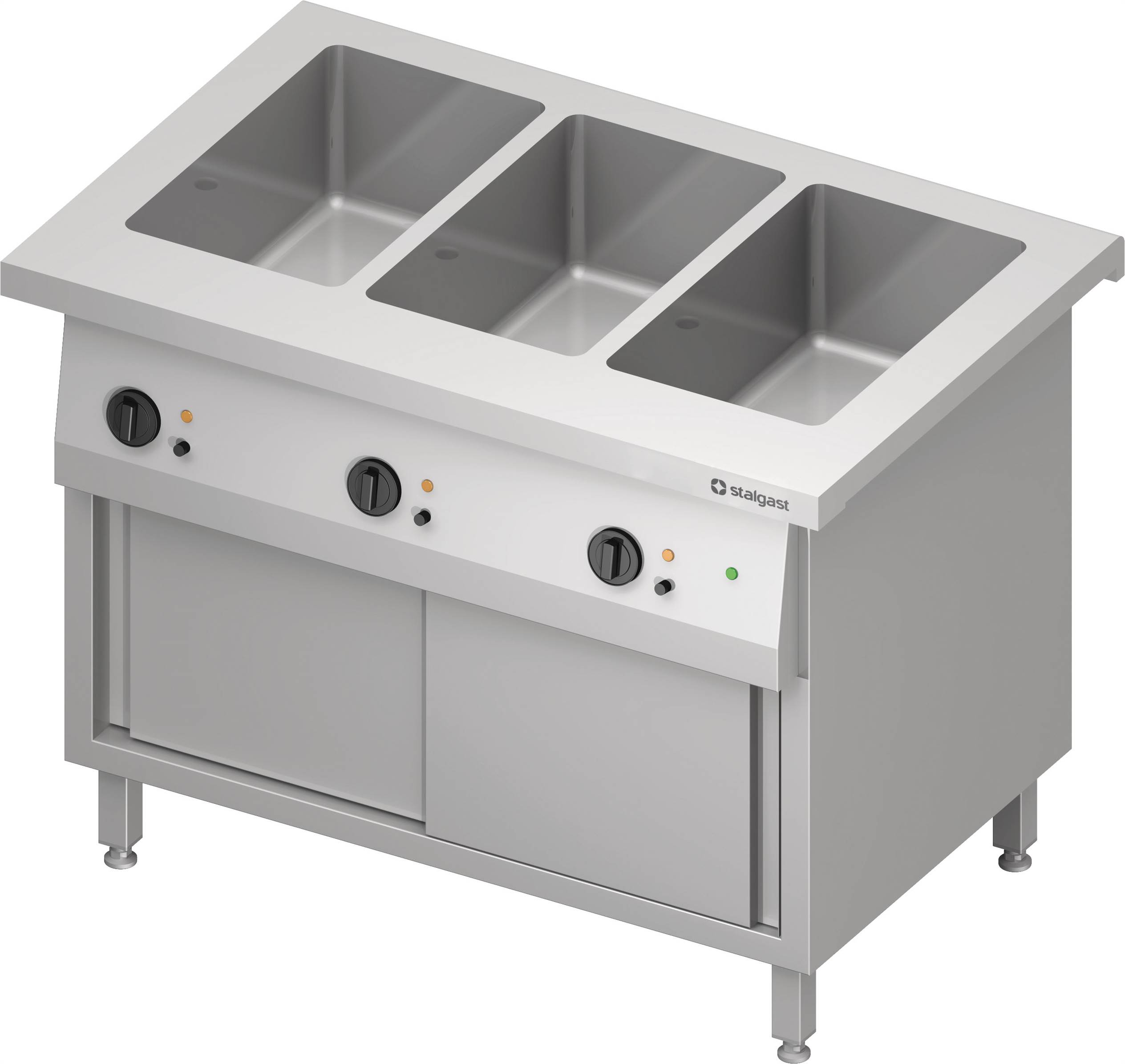 Bain-Marie-Station "Free Flow" 3x GN1/1-Becken, mit Schiebetüren, 1132x750x880 mm Edelstahlabdeckung Bain-Marie-Station "Free Flow" 3x GN1/1-Becken, mit Schiebetüren, 1132x735x880 mm Granitabdeckung "Standard G1"