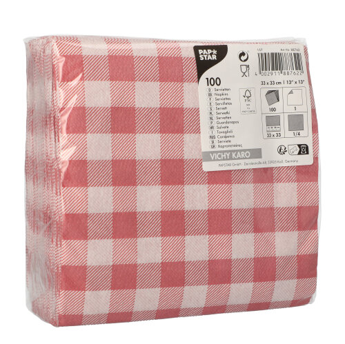 42000 Servietten, 1-lagig 1/4-Falz 33 cm x 33 cm rot/weiss "Vichy Karo"
