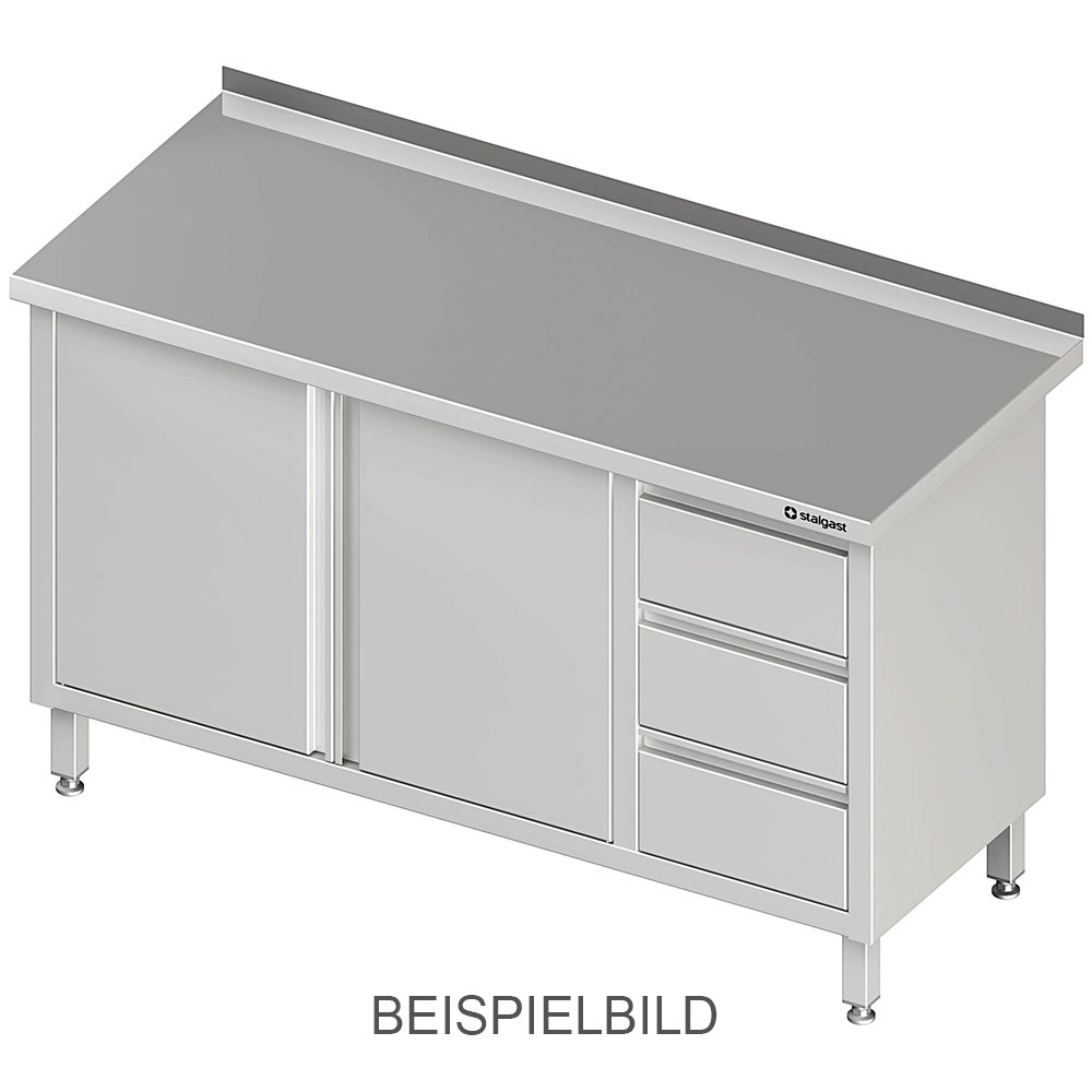 Arbeitsschrank mit Flügeltüren, 1200x600x850 mm, mit 3er Schubladenblock links, mit Aufkantung, verschweißt Arbeitsschrank mit Flügeltüren, 1900x700x850 mm, mit 3er Schubladenblock links, mit Aufkantung, verschweißt