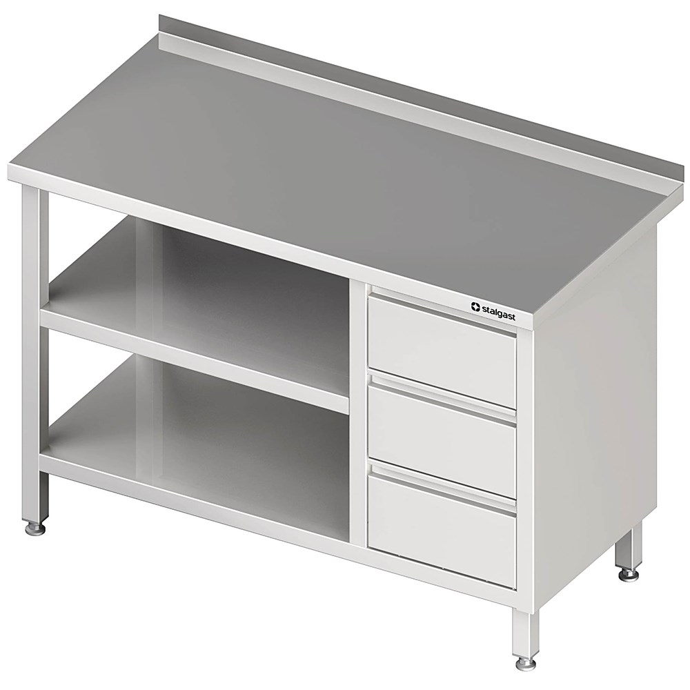 Arbeitstisch mit Grund- und Zwischenboden, 900x600x850 mm, mit 3er Schubladenblock rechts, mit Aufkantung, verschweißt Arbeitstisch mit Grund- und Zwischenboden, 2700x700x850 mm, mit 3er Schubladenblock rechts, mit Aufkantung, verschweißt