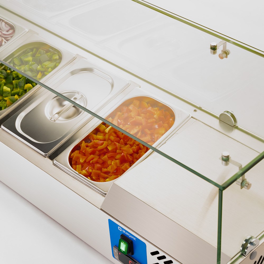 Starline Pizzakühlaufsatz mit Glasabdeckung, 6x GN 1/4 Edelstahl Pizzakühlaufsatz mit Glasabdeckung, 6x GN 1/4, 1400x335x440 mm (BxTxH)