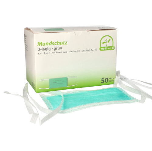 Medi-Inn® Mundschutz Type IIR 3-lagig 9 cm x 17,5 cm grün mit Nasenbügel, zum Binden Medi-Inn® Mundschutz Type IIR 3-lagig 9 cm x 17,5 cm grün mit Nasenbügel, zum Binden