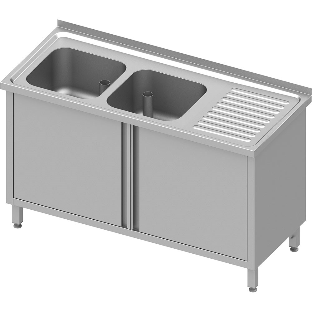 Spülschrank mit Flügeltüren 1400x600x850 mm, mit zwei Becken links, mit Aufkantung, verschweißt Spülschrank mit Flügeltüren 1400x700x850 mm, mit zwei Becken links, mit Aufkantung, verschweißt