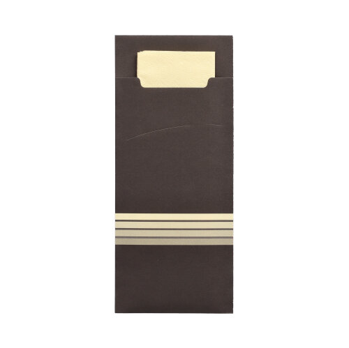 15600 Bestecktaschen 20 cm x 8,5 cm schwarz/creme "Stripes" inkl. farbiger Serviette 33 x 33 cm 2-lag.