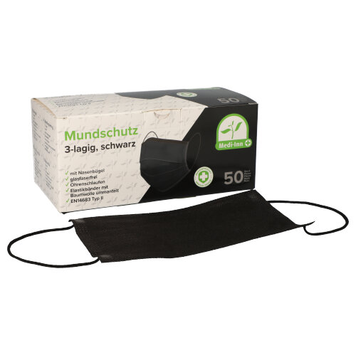 Medi-Inn® Mundschutz Type II 3-lagig 9 cm x 17,5 cm schwarz mit Nasenbügel Medi-Inn® Mundschutz Type II 3-lagig 9 cm x 17,5 cm schwarz mit Nasenbügel