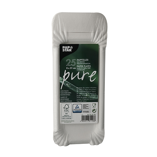 52000 Teller, Pappe "pure" eckig 8 cm x 21 cm weiss mit Anfasser