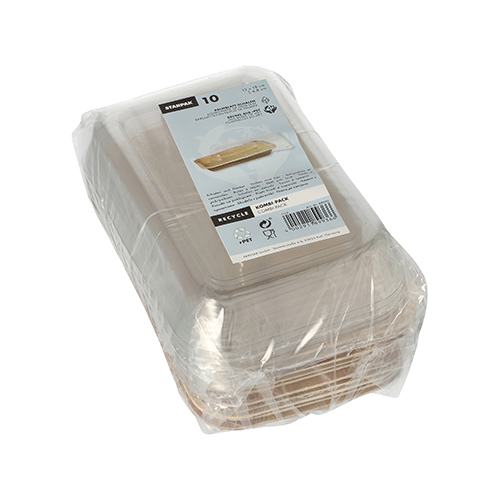 1500 Schalen, Palmblatt eckig 200 ml 4,8 cm x 12 cm x 18 cm mit rPET Deckel "Kombipack"