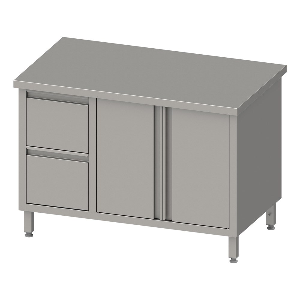 Arbeitsschrank mit Flügeltüren, 1100x700x850 mm, mit 2er Schubladenblock links, ohne Aufkantung, verschweißt Arbeitsschrank mit Flügeltüren 2000x700x850 mm, mit 2er Schubladenblock links, ohne Aufkantung, verschweißt