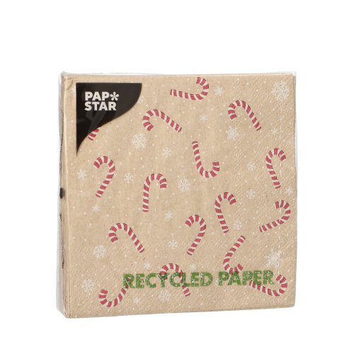 41160 Servietten, 3-lagig 1/4-Falz 25 cm x 25 cm natur "Candy Canes" aus recyceltem Papier