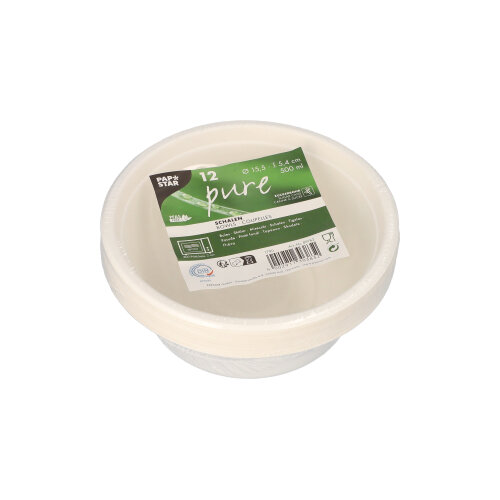 12 Schalen, Zuckerrohr "pure" 500 ml Ø 15,5 cm · 5,4 cm weiss 5184 Schalen, Zuckerrohr "pure" 500 ml Ø 15,5 cm · 5,4 cm weiss