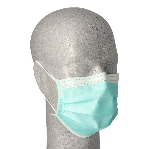 Medi-Inn® Mundschutz Type IIR 3-lagig 9 cm x 17,5 cm grün mit Nasenbügel und Elastikbänder Medi-Inn® Mundschutz Type IIR 3-lagig 9 cm x 17,5 cm grün mit Nasenbügel und Elastikbänder