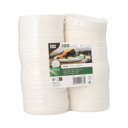 100 Teller Zuckerrohr "pure" rund Ø 9 cm · 1 cm weiss "Cella" 19200 Teller Zuckerrohr "pure" rund Ø 9 cm · 1 cm weiss "Cella"