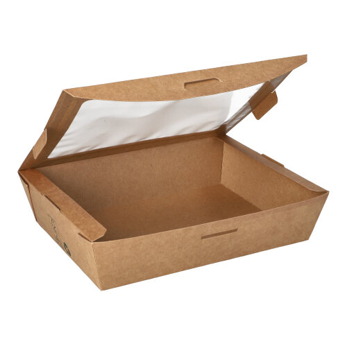 1280 Feinkostboxen, Pappe mit Sichtfenster aus PLA "pure" eckig 1000 ml 4,5 cm x 18 cm x 13,5 cm braun "100% Fair"