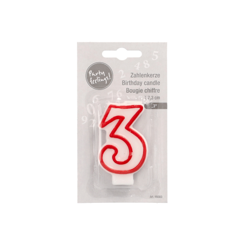 4320 Zahlenkerze 7,3 cm weiss "3" mit rotem Rand