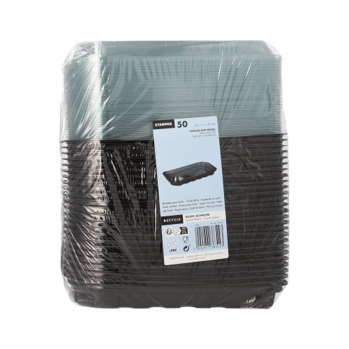 50 Sushi-Schalen R-PET rechteckig 21 cm x 11 cm x 4,3 cm schwarz mit transparentem Deckel 6400 Sushi-Schalen R-PET rechteckig 21 cm x 11 cm x 4,3 cm schwarz mit transparentem Deckel