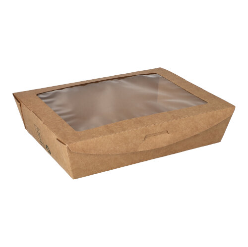 1280 Feinkostboxen, Pappe mit Sichtfenster aus PLA "pure" eckig 1000 ml 4,5 cm x 18 cm x 13,5 cm braun "100% Fair"