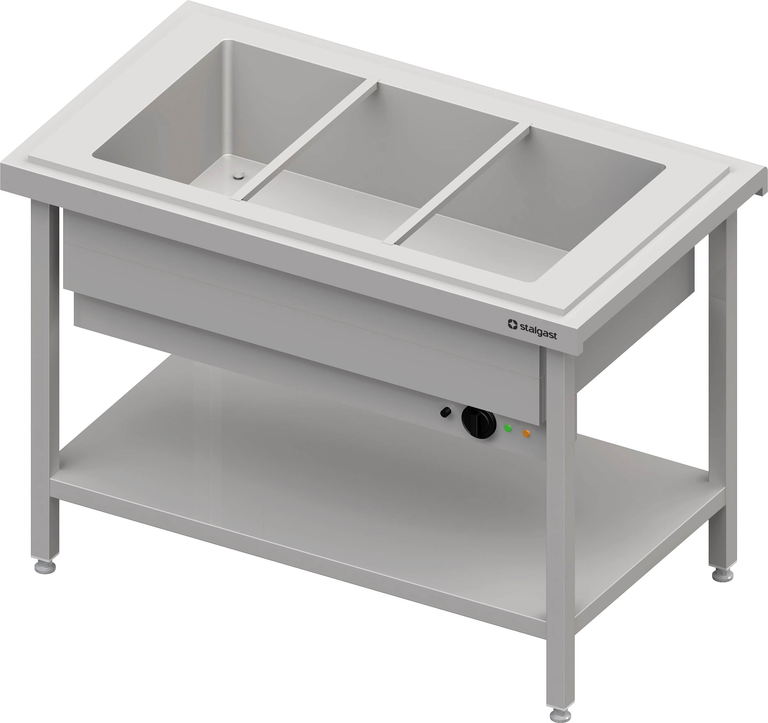 Warmausgabe mit einem Bain-Marie-Becken 3x GN1/1, 1245x750x880, Edelstahlabdeckung Warmausgabe mit einem Bain-Marie-Becken 3x GN1/1, 1245x735x880, Granitabdeckung "Standard G1"