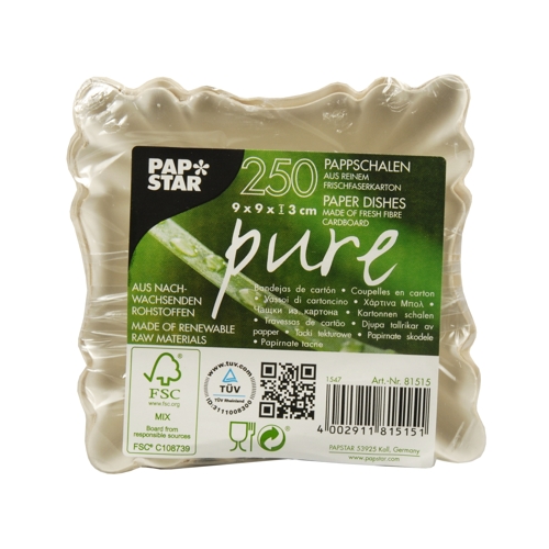 80000 Schalen, Pappe "pure" eckig 9 cm x 9 cm x 3 cm weiss