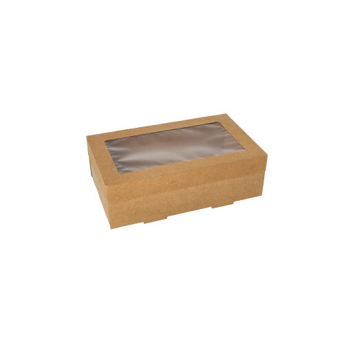 25 Transport- und Catering-Kartons, Pappe eckig 8 cm x 15,3 cm x 25,5 cm braun mit separatem Deckel und Sichtfenster aus PET 1400 Transport- und Catering-Kartons, Pappe eckig 8 cm x 15,3 cm x 25,5 cm braun mit separatem Deckel und Sichtfenster aus PET